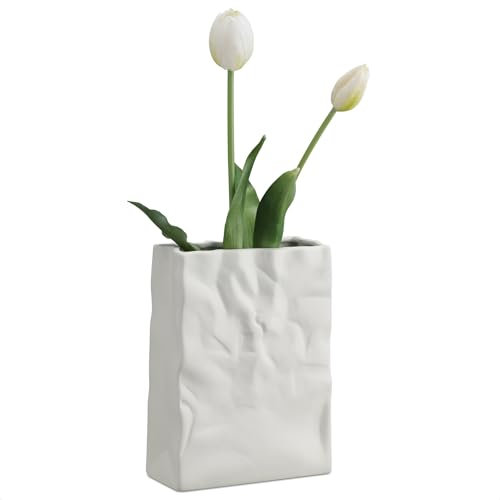 Navaris Purse Vase for Flowers - Beige Stoneware Paper Bag Vase - Modern Home Decor - Interior Decorative Handbag Shaped Vases - 14.5 x 6.5 x 20 cm