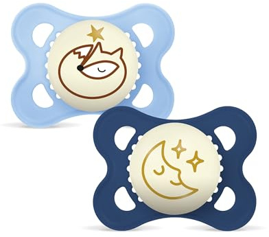 MAM Original Night Succhietto 2-6 Mesi (Set da 2), Ciuccio MAM 2-6 mesi che si illumina al buio con tettarella in silicone, Kit da 2 accessori neonato con porta ciuccio sterilizzatore, Azzurro