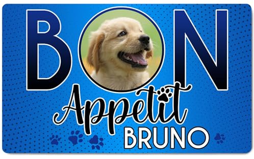 Ferocity Personalisierte Napfunterlage mit Foto und Namen | Fressnapf Matte für Hunde und Katzen | Größe 45 x 75 cm | 4 mm Gummierte Unterlage & Schuhmatte | Haustier Motiv | Farbe Bon Appetit [140]