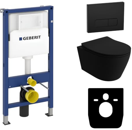 Lavita Duofix Basic Vorwandelement + Wand Tiefspül WC Praia Schwarz Spülrandlos + WC Sitz mit Absenkautomatik + Bedienplatte Delta 25 Schwarzer Knopf Komplettset Unterputz Spülkasten Toilette WC