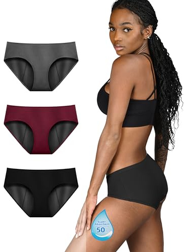 TIICHOO Bragas Menstruales Absorbentes Ropa Interior Mujer Periódico Braguitas de Reglas Prueba de Fugas Pack de 3(2XL, Negro/Burdeos/Gris Carbón)