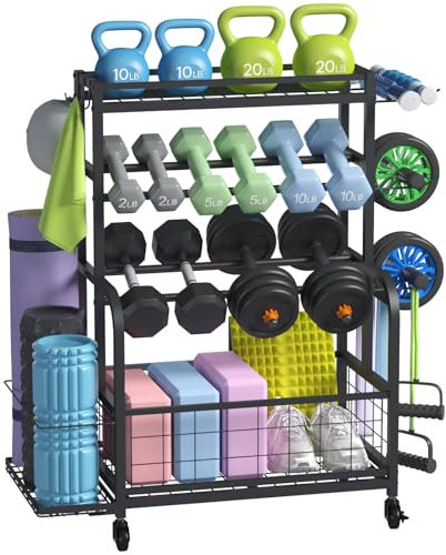 Lifewit Hantelständer für Home Gym, Hantelablage mit Abschließbare Universal-Räder und Haken, Kettlebell Rack, Yoga-Mattenhalter, Hantelregal für Krafttraining, Gewichtsregal für Haus, Garage, Mittel