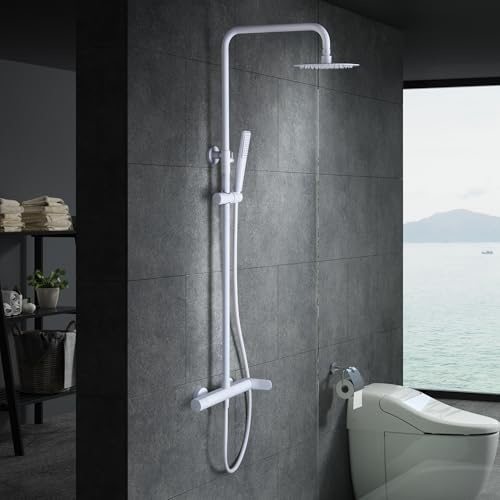 IMEX - Columna Ducha Monomando Blanca con Grifo | Conjunto de Ducha con Alcachofa y Rociador Antical | Griferia en Latón y Acero Inox S.304 con Barra Extensible | Serie Dinamarca