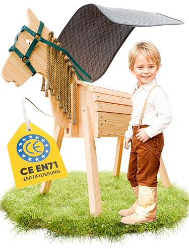 FRIEDO - Holzpferd mit Sattel (Sitzkissen) & Pferdegeschirr - Höhenverstellbares Spielpferd (101cm - 106cm) - Holzpferd für draußen im Garten geeignet - Perfekt für Kinder aus unbehandeltem Naturholz