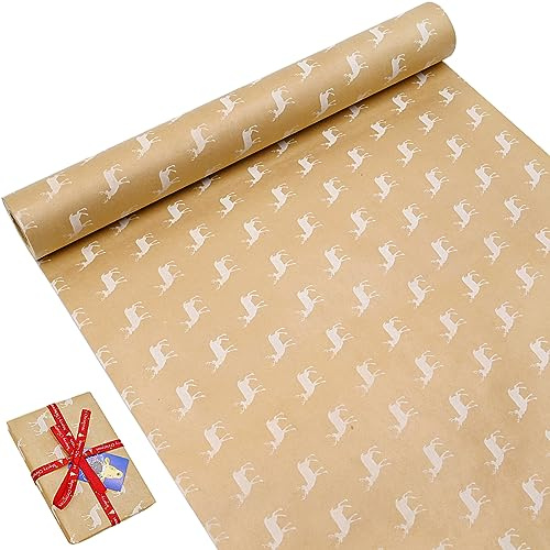 Weihnachts-Geschenkpapierrolle aus Kraftpapier, 43 cm x 15 m, großes Geschenkpapier, recycelbares Papier, bedruckt mit Elch zum Verpacken von Weihnachts- und Geburtstagsgeschenken, Partydekorationen