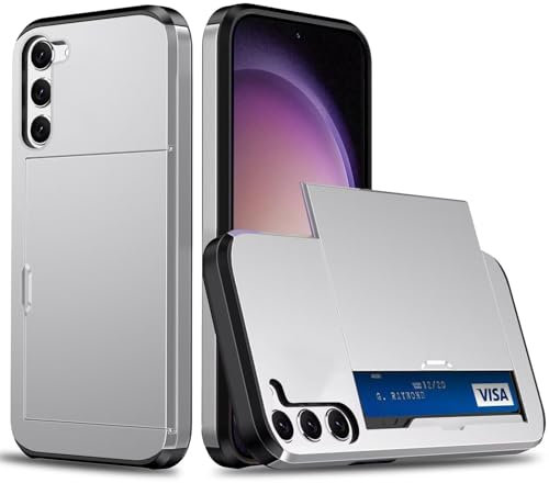 Beajew Coque Portefeuille pour Samsung Galaxy S23 avec Porte-Cartes, Étui de Protection Téléphone Double Couche Antichoc, Fente Cachée Coulissante, Antichoc TPU+PC Housse Portefeuille - Argent
