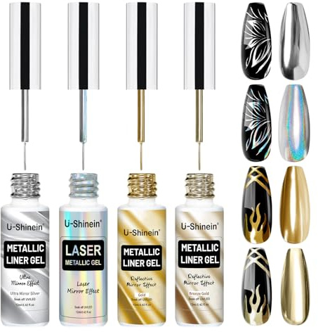 U-Shinein 4 x 12 ml gel metallico per unghie, set di gel con rivestimento in metallo con pennello sottile integrato, vernice per nail art effetto cromato a specchio, gel UV per unghie fai da te,