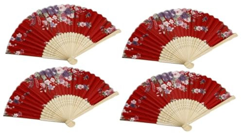 Amosfun 4 Stück Hohler Kleiner Papierfächer Handgefalteter Hochzeit Faltfächer Chinese Fan Zierde Lüfter Vintage- asiatischer Handventilator aus Holz Bambus rot