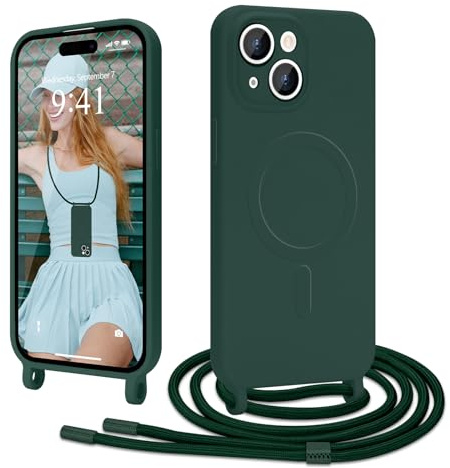 Ethanger Handyband für iPhone 15 Hülle mit Band, Grün | Kompatibel mit Magsafe, Flüssig Silikon Necklace Handyhülle, Magnetische Schutzhülle zum Umhängen Kordel
