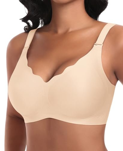 Damen Nahtloser BH Ohne Bügel Tiefem V-Ausschnitt gewellte Ränder Push Up BH Bralette Soft Bequem BHs Bügellos Bustier (Beige-Vordere Welle, XL)