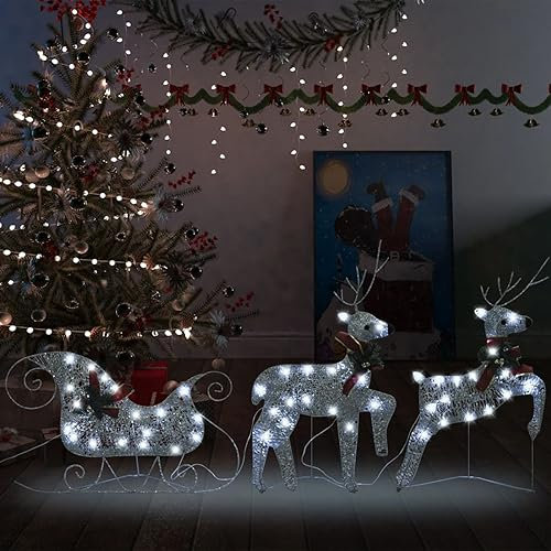 IKAYAA LED-Rentier mit Schlitten, Außen Weihnachtsdeko, Beleuchtete Rentier Weihnachtsfigur mit 60 Kaltweiß Lichtern, Weihnachtsbeleuchtung, Weihnachtsdekoration für Außen und Innen Silber
