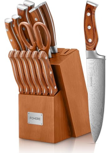 FOHERE 14 Pezzi Set Coltelli da Cucina in Acciaio Inossidabile con Ceppo Coltelli con Affilacoltelli con Blocco in legno