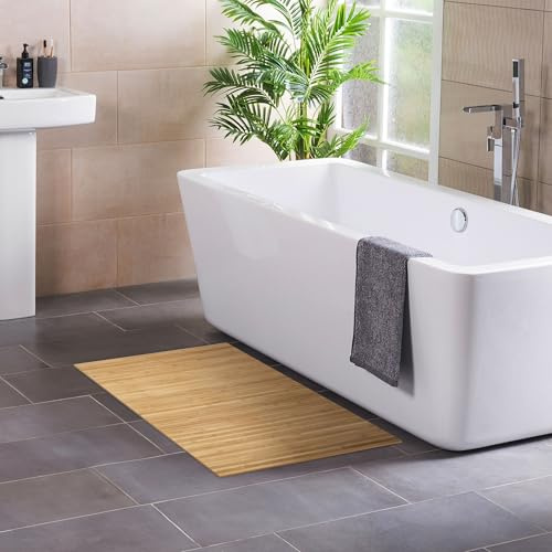 DE-COmmerce Badteppich aus Bambus Lines Nature 50 x 50 cm Badematte Badvorleger Duschmatte rutschhemmend