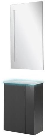 FACKELMANN Luna Gäste-WC Set 4-teilig – Badezimmer-Set mit Waschbeckenunterschrank, Glas-Waschbecken mit Beleuchtung & LED-Spiegel – Anthrazit Hochglanz, 45 cm, Made in Germany