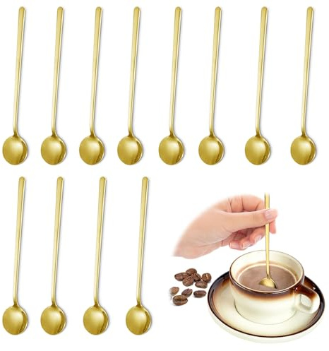 12 cucharas de café, cucharas agitadoras, cucharas de té de mango largo, cucharaditas, cucharas de té helado, cucharas largas de acero inoxidable para café y té (oro, 15 cm)