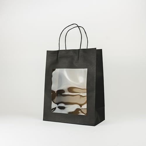 12 Stk. Papiertragetaschen Kraftpapier schwarz mit Sichtfenster groß – 220x110x280 mm – Geschenkverpackung für Flaschen und Gläser (Schwarz groß)