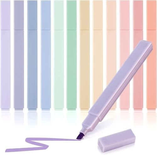 DERAYEE Surligneur Pastel,12PCS Surligneurs Fluo Couleur Assorties,Marqueur Fluo à Pointe Biseauté,Cadeaux pour les Filles