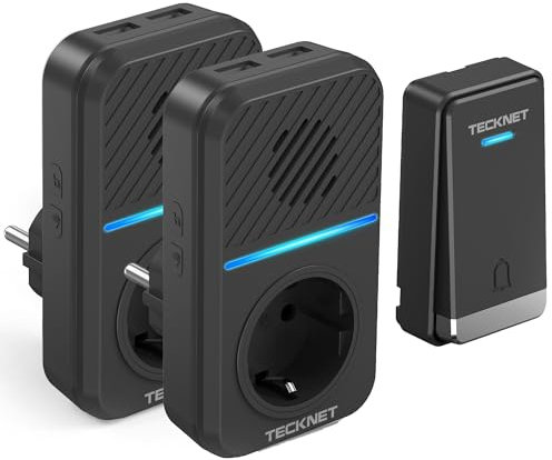 TECKNET Timbre Inalámbrico Kit, 400M Timbre Inalámbrico Autoalimentado con 2 Receptores, IP65 Kit de Timbre con Tomas USB Externas y Luz LED, 60 Melodías, 5 Niveles de Volumen