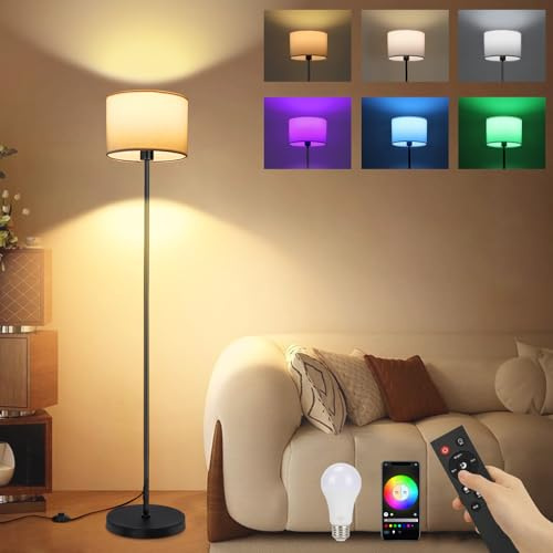 Winverty Stehlampe Wohnzimmer Dimmbar mit Fernbedienung RGB E27 APP Steuern | Fußschalter, Weißer Lampenschirm aus Stoff, Timer-Funktion, DIY und Musik Modus, Standleuchte für Büro Schlafzimmer