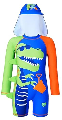 OXUBOAO Boys One Piece Swimming Costume Kids Dinosaur Swimsuit Long Sleeve Rash Guard UPF 50+ Bathing Suit with Swim Cap (Blue, 5-6T)