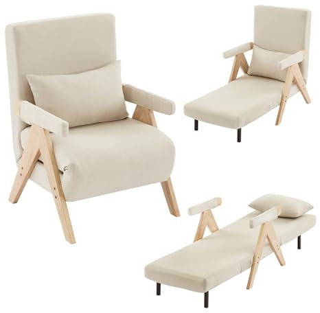 Neegaurd Polstersessel Beige, Schlafsessel 3 in 1, Retro Loungesessel Wohnzimmer mit Holzgestell, Bequemer Sessel, Schlafsofa mit Bettfunktion, Klappsessel mit Verstellbarer Rückenlehne (Beige)