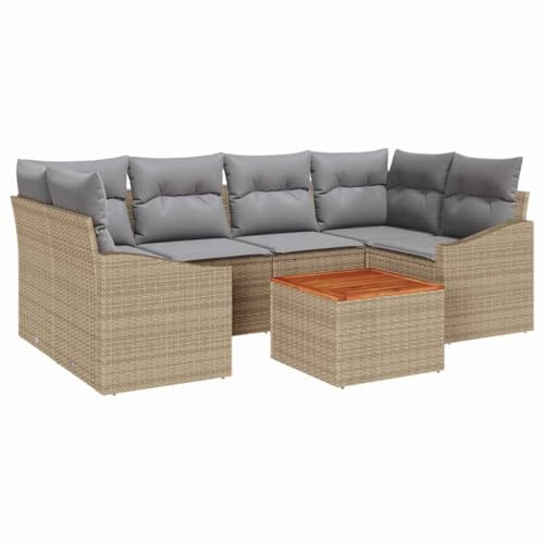 vidaXL 7-teiliges Garten-Sofa-Set mit Kissen in Beige aus Poly Rattan und Akazienholz. Elegante Outdoor-Lounge für deinen Balkon oder die Terrasse. Modular und UV-beständig, modernes Lounge-Set.