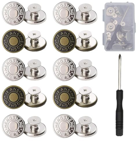 10 PCS Botones para Jeans, Botones para Vaqueros, Retráctil Vaqueros Botón, 20mm Botones para Pantalones Vaqueros, Botones de Jean Ajustables，Botones para Vaqueros, Alfileres de Botón de Ajuste