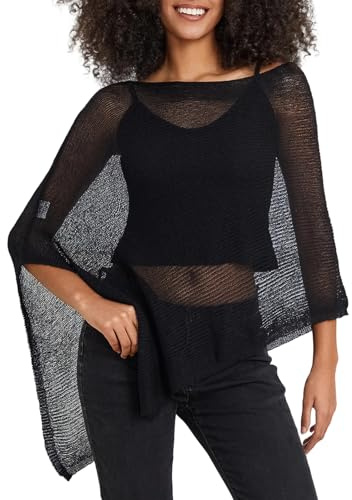 Qtinghua - poncho da donna, trasparente, bolero, leggero, lavorato a maglia, scialle, pullover, maglione, estivo, a rete, coprispalle, Nero , Etichettalia unica