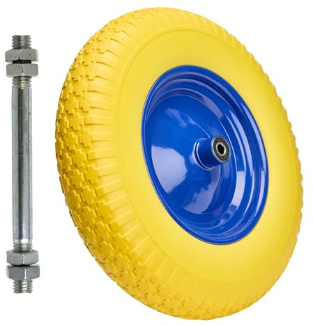 Garronda PU Vollgummirad 4.80/4.00-8 pannensicher wartungsfrei bis 100 kg Schubkarrenrad Ersatzrad Schubkarre mit Achse Stahlfelge Kugellager für Gartenwagen Hof Baustelle GD-0165, Gelb-Blau