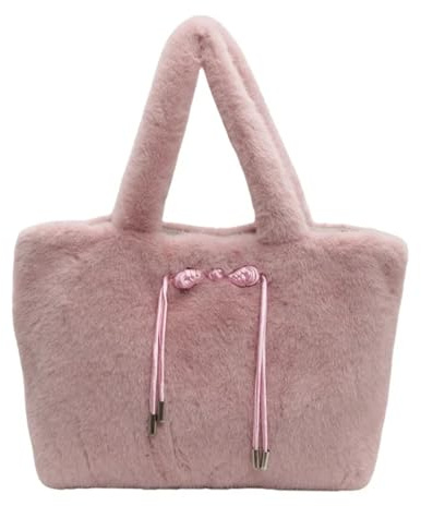GOXQIT Fluffig höst-/vinterväska, trendig tygväska med stor kapacitet, axelväska för resor, uppblåst, plyschväska för kvinnor, rosa, Taille unique