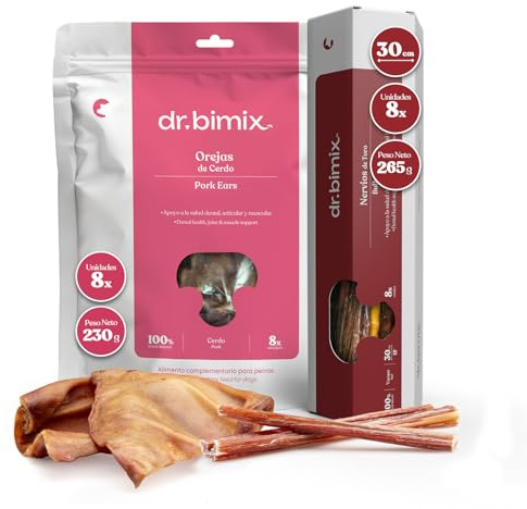 dr. bimix Pack Snacks Naturales para Perros, Nervios de Toro 265 g + Orejas de Cerdo 230 g, Chuches Deshidratadas Altas en Proteína y Colágeno
