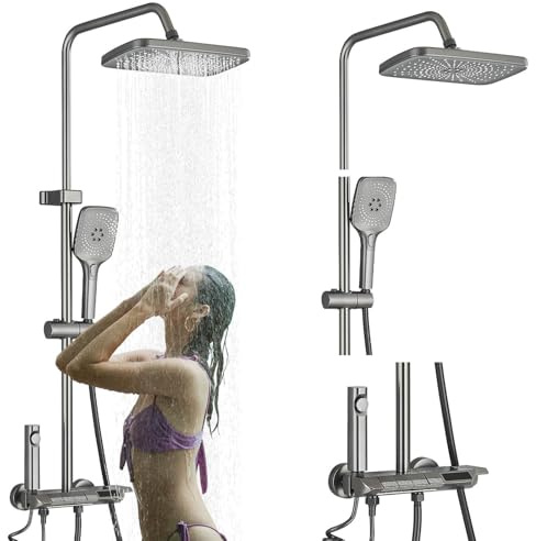 Suguword Kit de douche complet en acier inoxydable, pommeau de douche réglable en hauteur avec 3 types de jets, barre de douche, tuyau et support pour salle de bain/douche