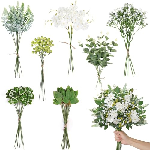 Weldomcor 65 Stück Künstliche Zweige & Kunstblumen, 7 Arten Weiß Blumen Grün Eukalyptus Künstlich Dekozweige, Künstliche Blumen Kunstblumenstrauß für DIY Blumenstrauß Hochzeit Brautstrauß Tischdeko