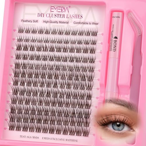 EMEDA Kit med bruna klusterfransar, inklusive franslim och pincett Naturlig 8–14 mm mix Franskluster kit Transparent band DIY-fransförlängning hemma Vattentålig Natural Brown Lash Clusters