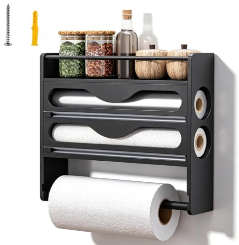 Küchenrollenhalter aus Holz, Folienspender Mit Cutter, 4-in-1 Folienschneider aus Bambus, Frischhaltefolienspender mit Cutter, Alufolienspender und Frischhalte für Alufolie Frischhaltefolie Schwarz