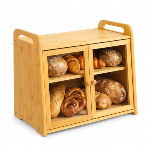 evergoods Bamboo Bread Bin with Clear Acrylic Doors Large Capacity | Double Layer Bread Box, Food-Safe Storage with Air Vents & Side Handles, Countertop Bread Storage for Kitchen