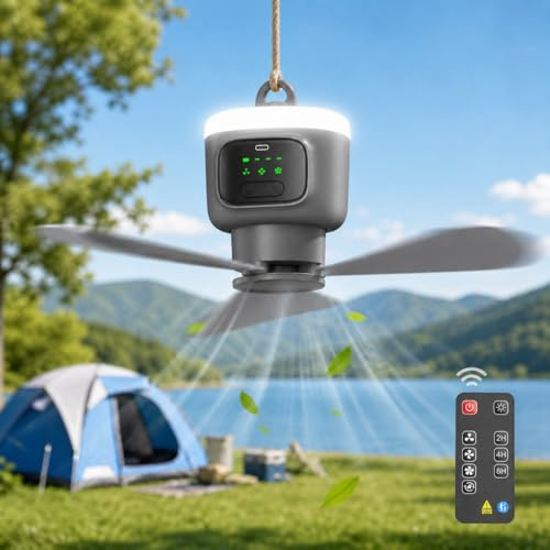 Ventilatore da soffitto con illuminazione 45 cm, batteria 12000 mAh, portatile da campeggio con luce e telecomando, timer, 3 livelli, ricarica USB, ventilatore da esterno per camera da letto, gazebo
