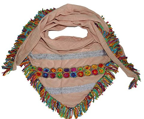 Mississhop 253 Damen Dreieckstuch XXL Schal Wendeschal Boho Strick Tuch mit bunten Fransen Blumen Glitzer Muster Zwillingsherz Rosa