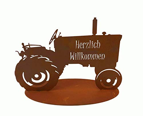 itsisa Dekofigur Traktor Willkommen auf Standplatte im Rostdesign, Rostfigur, Gartendeko, Metalldeko