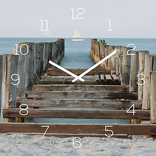 levandeo Wanduhr Glas 30x30cm Glasuhr Uhr Glasbild Steg Meer Wasser Strand Beach Deko
