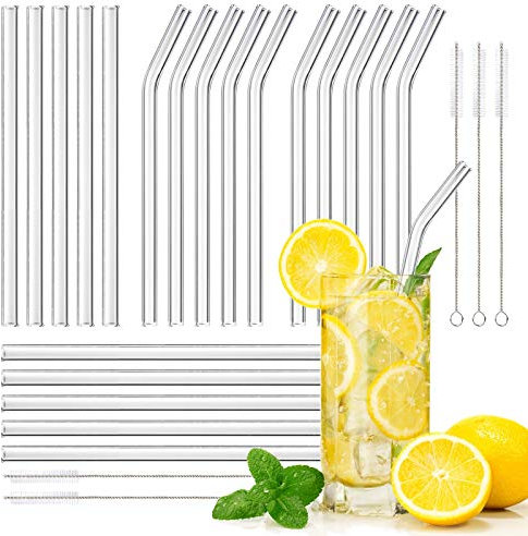 Glass Straws Reusable, 25 Pcs Transparent Drinking Straw, 10 Straight and 10 Curved Glass Straws with 5 Cleaning Brushes for Smoothies Milkshake and Cocktail Straws