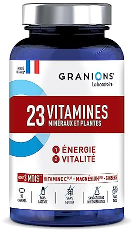 GRANIONS 23 VITAMINES - Multivitamines Magnesium, Vitamine D, Vitamine C, Zinc, Chrome, Ginseng, Selenium, Iode - Energie & Vitalité - Anti Fatigue - 90 Comprimés Format 3 MOIS - Fabriqué en France