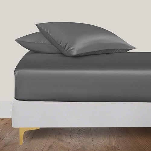 LINENWALAS Double Fitted Sheet 140x190 cm, 100% Organic Bamboo Silk Bed Sheet for Double Size Bed, Up to 40 cm Deep Pocket Bottom Sheet, Soft, Cooling Hypoallergenic Bedding (Charcoal Grey)