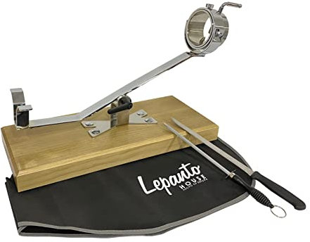 FERRETERIA LEPANTO Jamonero Giratorio basculante Giratorio, Soporte jamonero + Set de Corte con Cuchillo jamonero, chaira y Cubre Jamon: (Base Madera Nogal)