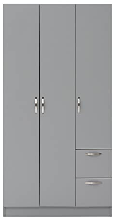 Timber Art Design UK 3 Door Wardrobe with Drawers, Cupboard with Hanging Shelf and Metal Handles - Modern Furniture Storage Organizer Unit For Bedroom - Grey - 45D x 90W x 180H cm