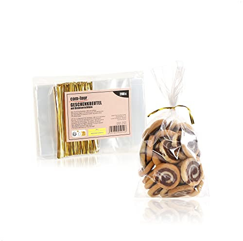 com-four® 100x Klarsicht Beutel - durchsichtige Cellophantüten als Lebensmittelbeutel - Bodenbeutel klar - Klarsichttüte mit Bindestreifen - kleine Tüten für Kekse und Pralinen