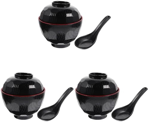 UPKOCH Japanese Miso Soup Bowls Set of 3 with Lids and Spoons 12.4 Inch Covered Bowls for Rice Appetizers Versatile Ceramic Bowls for Home and Restaurant Use