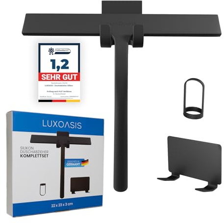 LUXOASIS® Duschabzieher Set mit Halterung - schwarz 23 cm breit - ohne Bohren Silikon Abzieher Dusche Badezimmer Fenster Fensterabzieher Edelstahl Kern Scheibenabzieher mit 3M Kleber Badabzieher