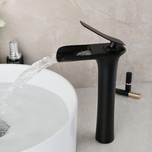 VFfotO Matte Schwarz Badezimmer Waschbecken Massiv Messing Hohe Wasserhahn Deck Montiert Einhand-Armaturen Badewanne Wasser Mischbatterie