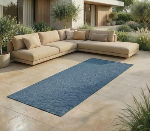Jimri In- & Outdoor Teppich - Wetterfester Teppich für Balkon, Terrasse, Garten, Wohnzimmer, Küche - Strapazierfähiger Bodenteppich, Widersteht UV-Strahlen & Wasser - Größe 80 x 250 cm, Blau